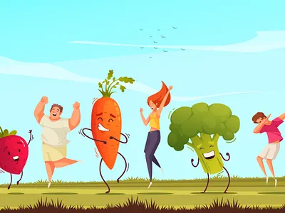 Funny veggies poster cartoon dancing illustration people vector vegetables
