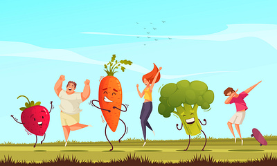Funny veggies poster cartoon dancing illustration people vector vegetables