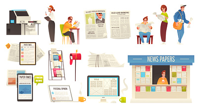 Newspaper icons set cartoon illustration news newspaper people vector
