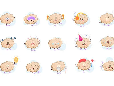 Brain cute characters set activities brain cartoon characters illustration vector