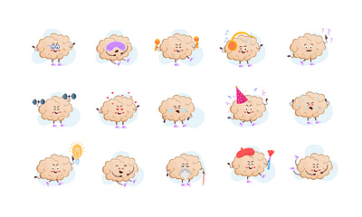 Brain cute characters set activities brain cartoon characters illustration vector