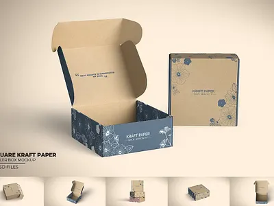 Square Kraft Paper Mailer Box Mockup branding mock up cardboard carton folding front tuck gift box kraft kraft paper kraft paper box mailer box mock up mailing box mockup natural packaging shipping box showcase smart object square square box