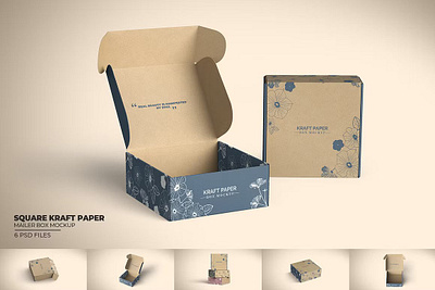 Square Kraft Paper Mailer Box Mockup branding mock up cardboard carton folding front tuck gift box kraft kraft paper kraft paper box mailer box mock up mailing box mockup natural packaging shipping box showcase smart object square square box