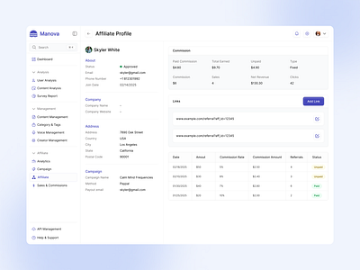Manova - Affiliate Profile affiliate analytics business clean dashboard design marketing minimalist product design profile saas sales ui ux web web app website