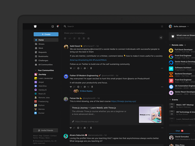 Showwcase Feed Redesign dark dark mode developer feed network saas social tailwind twitter