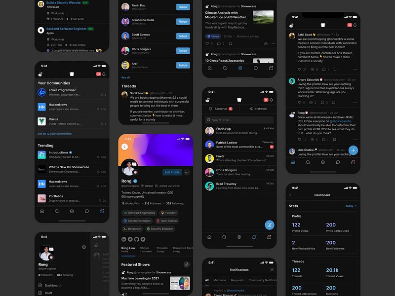 Showwcase Mobile chat community dark mode developer feed mobile network profile social twitter