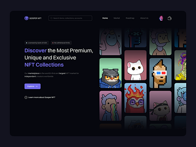NFT Marketplace (Gosper NFT) blockchain crypto cryptocurrency darktheme design eth landingpage nft nftmarketplace nfts ui uiinspirations uiuxdesign uiuxsupply ux
