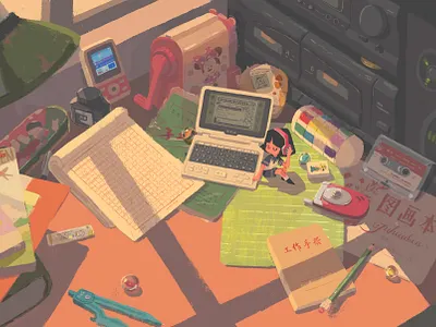 Sunday Afternoon childhood desk girl illustration light memory music recorder vintage