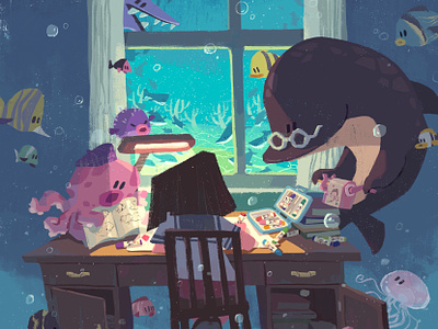 The Underwater World character desk drawing fish girl illustration sea window