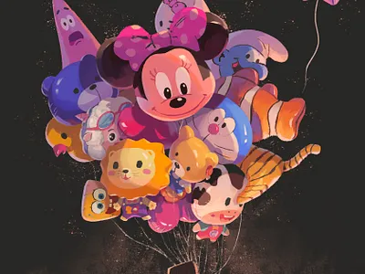 Balloons cartoon doraemon girl hellokitty illustration light minnie night patrick smurfs spongebob