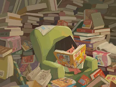 Reading books childhood girl illustration memory sofa
