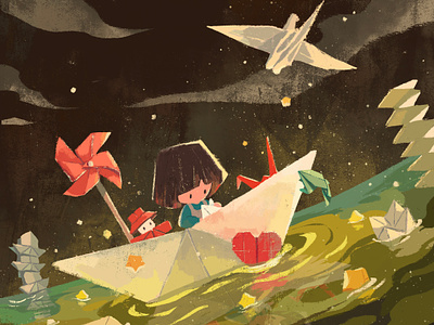 Paper Folding childhood girl illustration light night paper boat paper cranes pinwheel river star
