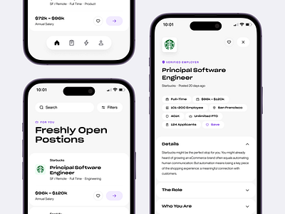 Sparkfinder - Find your next job ats brutal ui clean ui edge to edge filter floating menu floating tabs floating ui full screen ui iphone 14 iphone 14 pro job app job application job description job finder job tracking app minimal ui nav navigation search bar