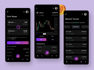 Crypto App - Coins Swap and Market Trends app app design bitcoin btc clean ui coins crypto cryptocurrency design finance investment minimal mobile app mobile app design stocks trading transactions uiux wallet web3