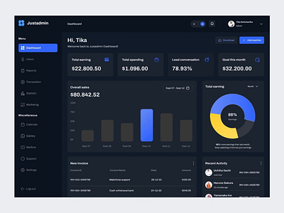 Justadmin - Admin Finance Dashboard [Dark Mode] accounting admin panel analytics animation b2b back office black dashboard chart dark mode dashboard dashboardui data finance graphs insight motion graphics platform product design saas stats