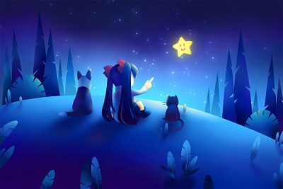 Illustration In Wallpaper App - I back view cat dog girl illustration meteor night plant star tree