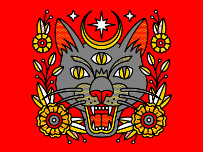 Black Cat cat drawtober flower halftone halloween illustration moon pop art tattoo