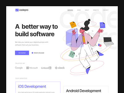 codepro - developer agency landing page agency clean code coding creative agency developer development homepage illustration landing page minimal programmer saas service software ui uiux ux web design website