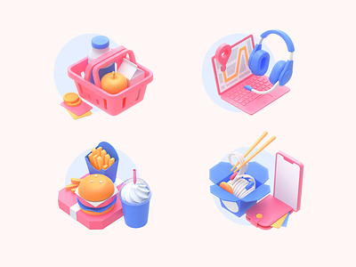 3D Icons For a Food Delivery Service 3d 3d icons 3d icons for web delivery delivery icons delivery service digital art fast food food icons icons for web illustration illustration art illustration for web noodle pizza service