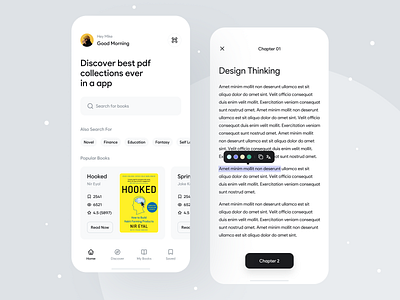 PDF Reader app app design book app clean clean ui design ebook minimal minimalist mobile app mobile design mockup online book pdf reader reader app reading app reading book typography ui white space