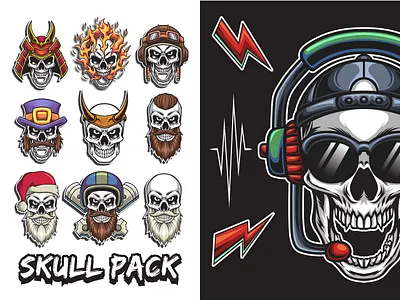 Skull Pack animation artwork barbershop branding clothing design esport graphic design head illustration logo mascot merchandise motion graphics music pomade samurai skull tatto vector