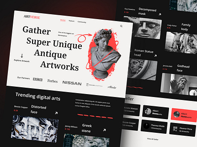 ARTVERSE Artwork Landing Page aesthetic design artwork website creative minimal website dark landing page design dark ui minimal dark website nft artworks retro minimal website sculpture landing page ui uiux website website design