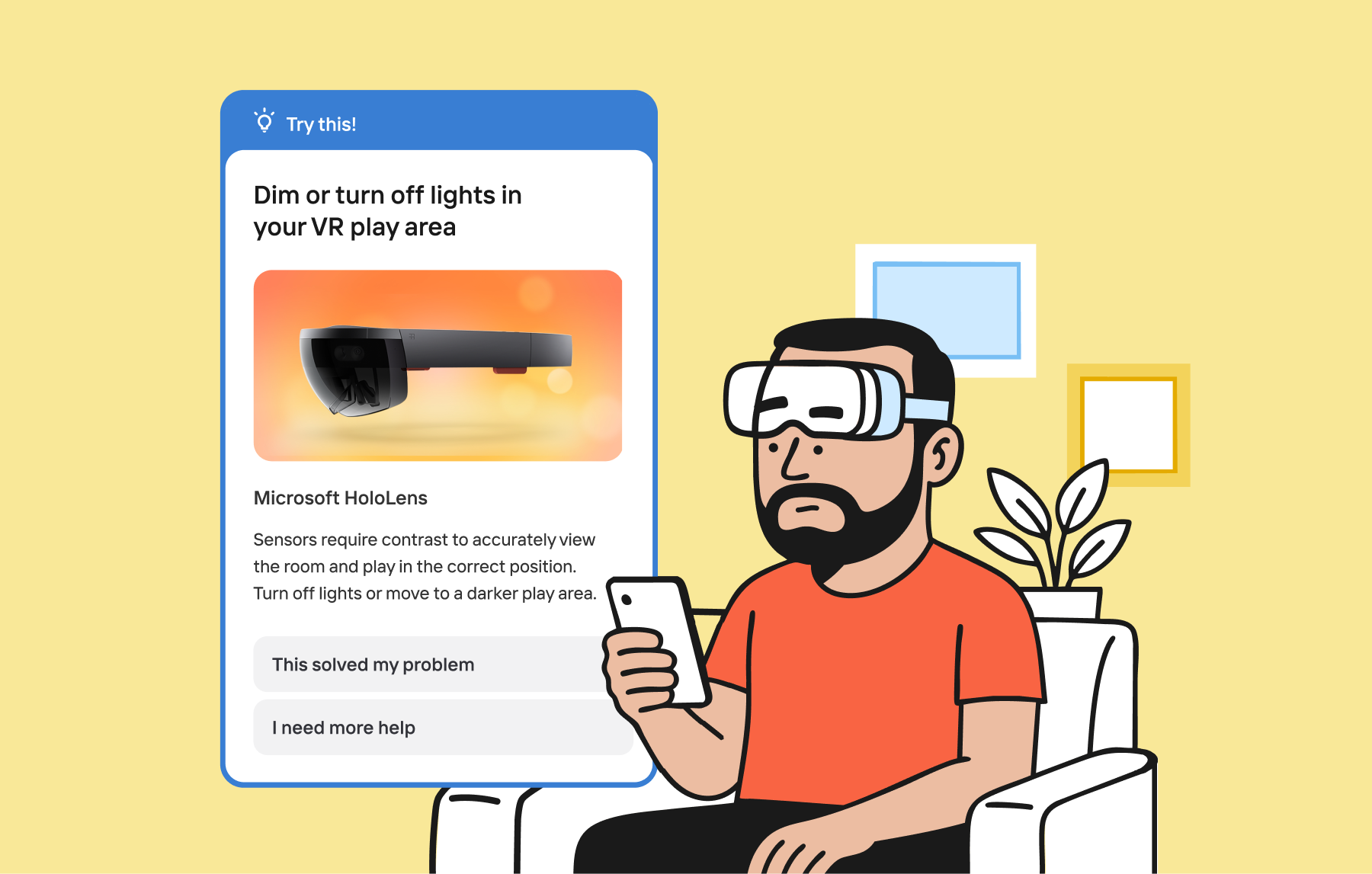 Troubleshooting VR alexa bold bright electronics flat gaming console google home home device household illustration linework living room relaxing siri smart home sweatpants television tv vector video game