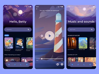 Sleep app: kids tales and music. Daily UI 009 daily ui 009 daily ui challenge dailyui graphic design healthy illustration interface kids app mobile mobile app music music app music app ui music player relax sleep app ui ux web design