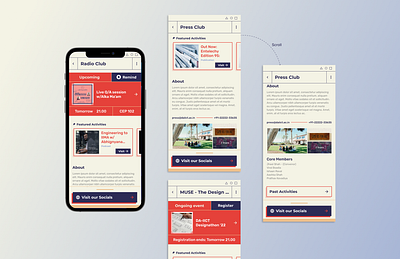 Club pages - College activities app activities banner cards college figma mobile ui old school pin retro scroll shadows sharp corners states ui