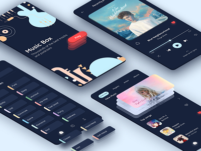 Music Box App 3d artist beautiful best clean dark app dark mode dark ui minimal mobile app mobile ui music app music player playlist singer song splash screen track ui ui design