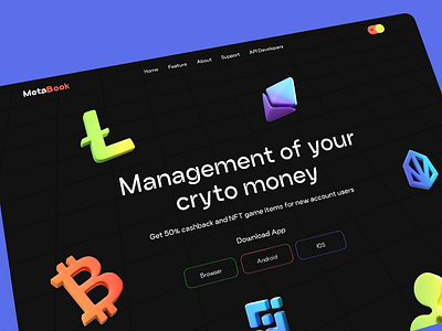 MetaBook - Hero Crypto Wallet Landing Page Dark Mode bitc clean crypto dark mode eth ewallet meta metabook metaverse nft product design project ui uidesign ux web