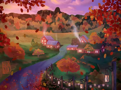Cozy autumn landscape autumn fall illustration landcape nature village