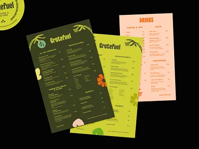 Visual Identity for Gratefuel Cafe brand identity branding cafe colorful florida graphic design logo design menu design restaurant tropical visual identity
