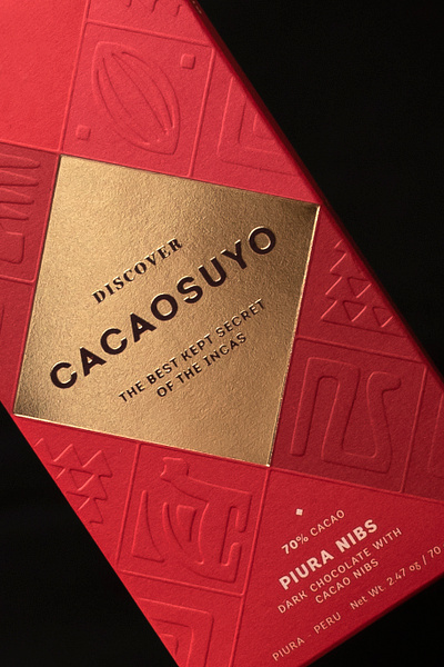 Chocolate Packaging Design for Cacaosuyo box chocolate chocolate bar debossed design embossed foil gold gold foil packaging