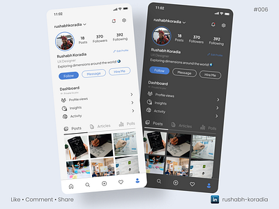 DailyUI 006 - User Profile Design 006 dailyui dark mode ui design design design inspiration instagram profile ui light mode linkedin profile ui design minimal ui mobile ui mobile ui design profile page ui design rushabh koradia rushabh ui ui ui design ui inspiration ui trends user profile ux.rushabh