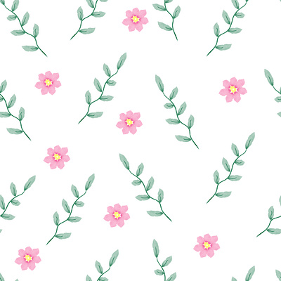 Seamless watercolor floral pattern, composition of green leaves flowers