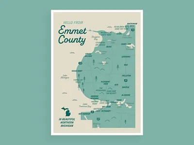 Emmet County Map illustration map michigan postcard