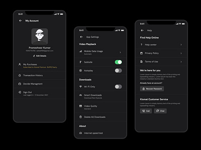 Profile and settings for streaming app app clean dark design iphone mobile profile streem ui video