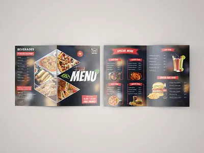 Bifold Menu Design advertising bifold bifold menu branding brochure design burger business flyer design facebook post design food food court food menu graphic design illustration menu menu design minimal pizza restaurant social media