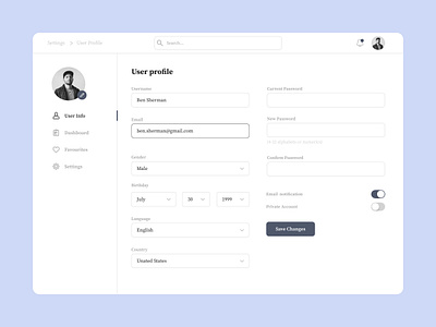 User profile account account settings design edit figma menu profile profileeditor settings settings page ui user info user profile ux website