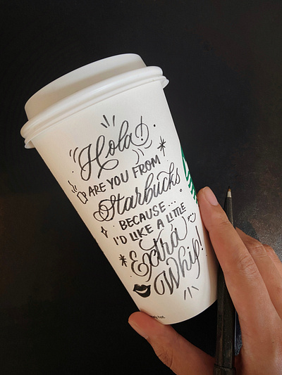 Hand Lettered Starbucks Pick Up Line brush calligraphy brush lettering brush pen calligraphy coffee art coffee cup art coffee packaging cup art doodle art drawing hand drawn hand lettered hand lettering handlettering illustration lettering packaging starbucks starbucks doodle typography