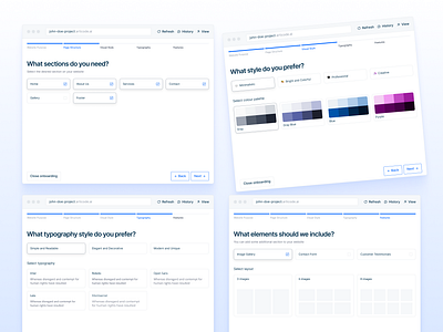 Step-by-Step Website Customization colorpalette customization features nocode onboardingflow pagestructure productdesign typography ui ux visualstyle webdesign websitebuilder