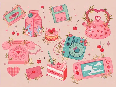 Cute things art artwork branding cherry children children illustration cute design flowers girl graphic design illustration kawaii leaves logo pink portrait strawberry tea teapot