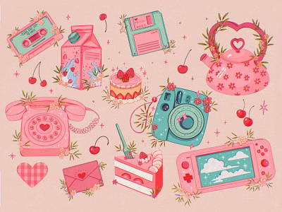 Cute things art artwork branding cherry children children illustration cute design flowers girl graphic design illustration kawaii leaves logo pink portrait strawberry tea teapot