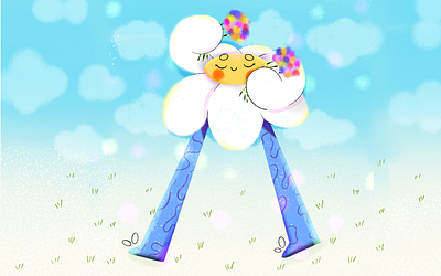 Happy chamomile 2d art blue book illustration chamomile character art character design children book children illustration clouds commercial design drawing flower flower art grass illustration illustrator ipad pro valley