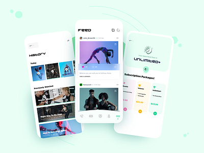 Fitness App | Feed, History & Subscription app design cuberto feed fitness graphic design gym health history innovative minimal minimalistic ui subscription technology ui uidesign uiux usa user interface design video player yoga