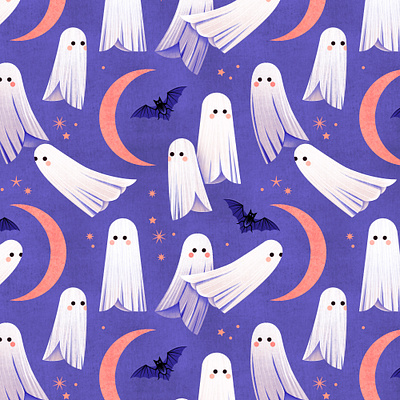 Friendly Ghosts bat ghost halloween illustration moon october pattern retro sky texture vector