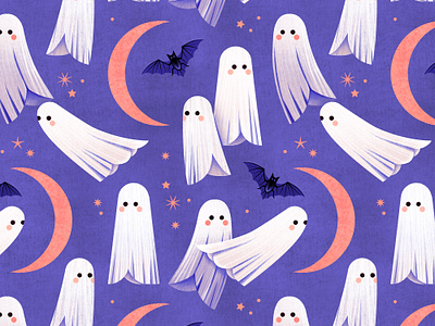 Friendly Ghosts bat ghost halloween illustration moon october pattern retro sky texture vector