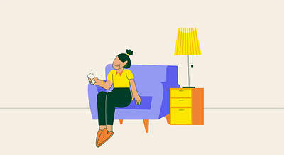 Girl on the couch with a phone adobeillustrator branding businessillustration coach design graphic design illustration lamp motion graphics purple shop sofa store vector yellow