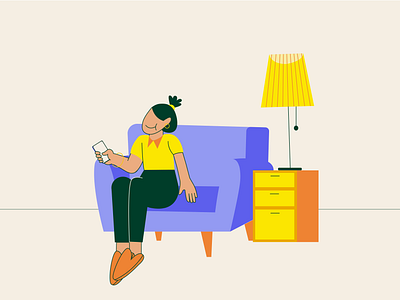 Girl on the couch with a phone adobeillustrator branding businessillustration coach design graphic design illustration lamp motion graphics purple shop sofa store vector yellow